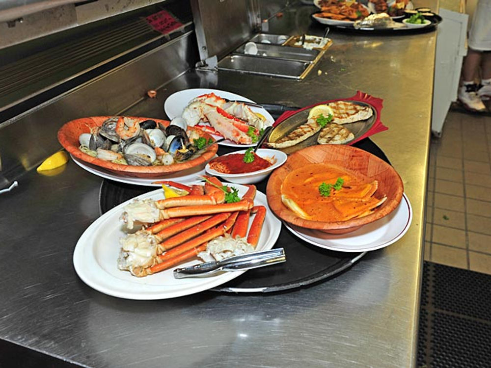 A platter of crab legs and seafood